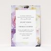 A personalised wedding invite named "Pink Rose Frame". It is an A5 invite in a portrait orientation. "Pink Rose Frame" is available as a flat invite, with tones of light purple and pink.