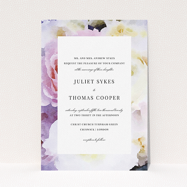 A personalised wedding invite named "Pink Rose Frame". It is an A5 invite in a portrait orientation. "Pink Rose Frame" is available as a flat invite, with tones of light purple and pink.
