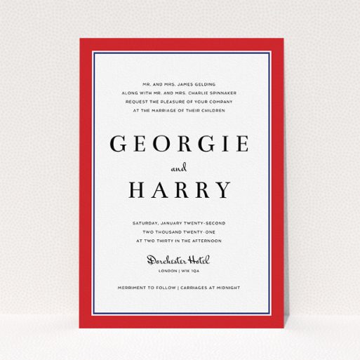 Personalised Wedding Invite Design - "Red with Blue" A personalised wedding invite design called "Red with Blue". It is an A5 invite in a portrait orientation. "Red with Blue" is available as a flat invite, with tones of red and blue.