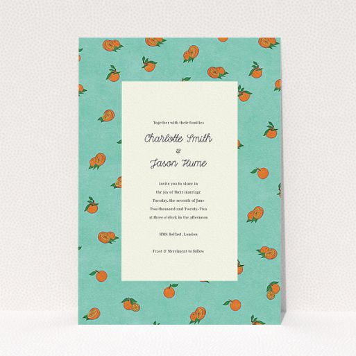 Personalised Wedding Invite Design - "Seville" A personalised wedding invite template titled "Seville". It is an A5 invite in a portrait orientation. "Seville" is available as a flat invite, with tones of orange and blue.