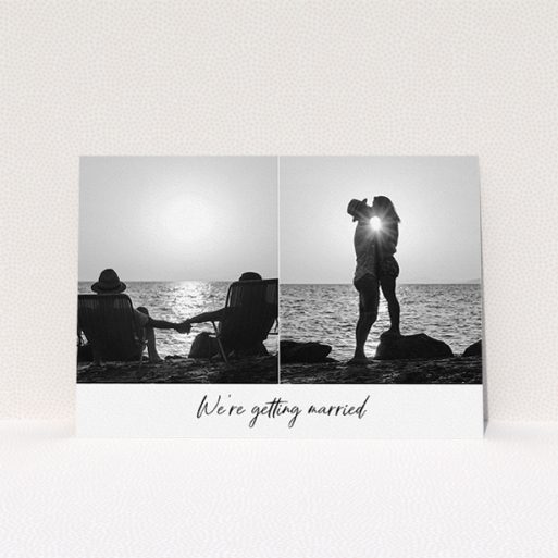 Personalised Wedding Invite Design - "Side By Side Photo" A personalised wedding invite template titled "Side By Side Photo". It is an A5 invite in a landscape orientation. It is a photographic personalised wedding invite with room for 2 photos. "Side By Side Photo" is available as a flat invite, with mainly white colouring.