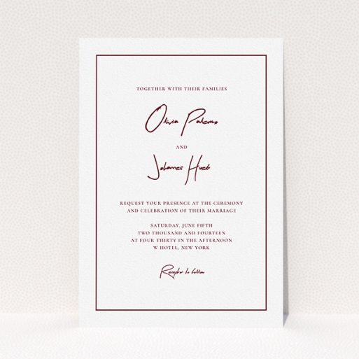 Wedding Invitation Card - Signature Script (Maroon) A personalised wedding invite called "Signature script". It is an A5 invite in a portrait orientation. "Signature script" is available as a flat invite, with tones of white and burgundy.