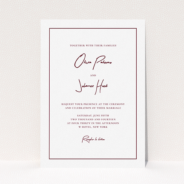 A personalised wedding invite called "Signature script". It is an A5 invite in a portrait orientation. "Signature script" is available as a flat invite, with tones of white and burgundy.
