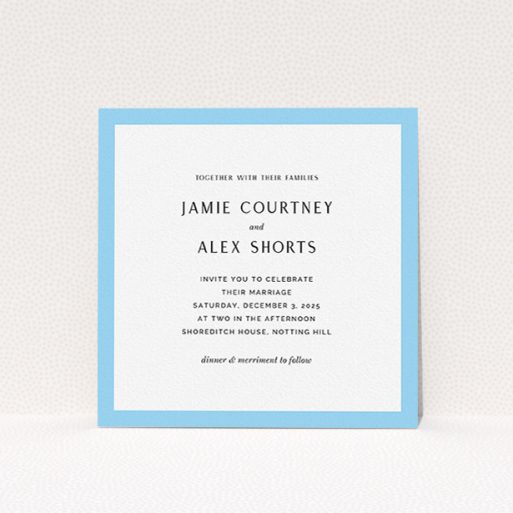 Personalised Wedding Invite Design - "Simple Blue" A personalised wedding invite design named "Simple Blue". It is a square (148mm x 148mm) invite in a square orientation. "Simple Blue" is available as a flat invite, with tones of blue and white.