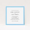 A personalised wedding invite design named "Simple Blue". It is a square (148mm x 148mm) invite in a square orientation. "Simple Blue" is available as a flat invite, with tones of blue and white.