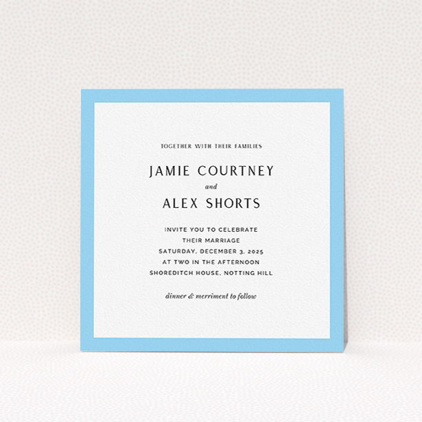 A personalised wedding invite design named "Simple Blue". It is a square (148mm x 148mm) invite in a square orientation. "Simple Blue" is available as a flat invite, with tones of blue and white.