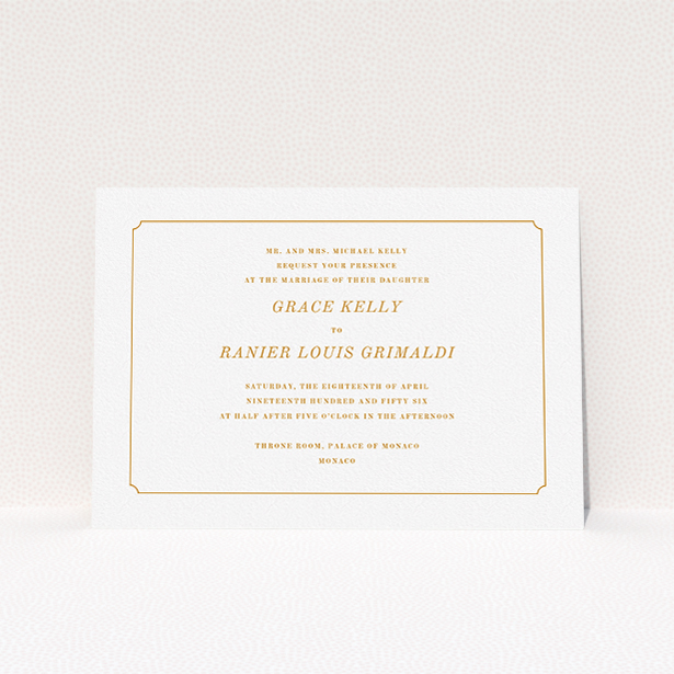 A personalised wedding invite named "Simple circle border". It is an A5 invite in a landscape orientation. "Simple circle border" is available as a flat invite, with tones of white and orange.
