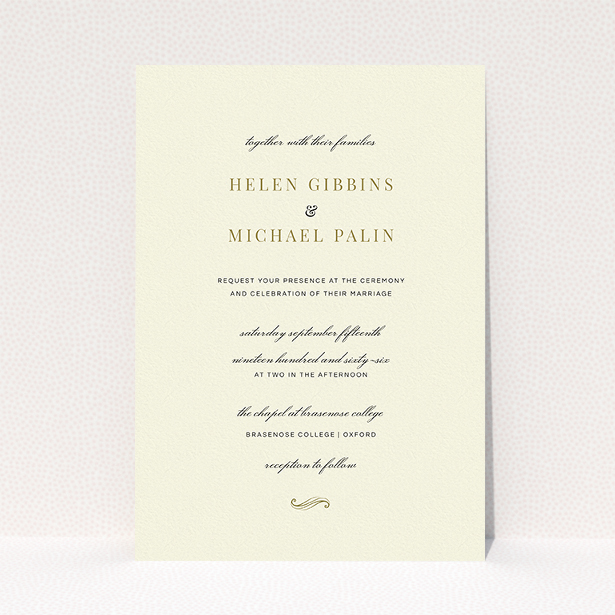 A personalised wedding invite called "Simple flourish". It is an A5 invite in a portrait orientation. "Simple flourish" is available as a flat invite, with tones of cream and gold.