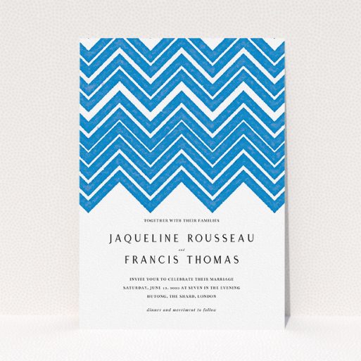 Personalised Wedding Invite Design - "Skiapthos" A personalised wedding invite design named "Skiapthos". It is an A5 invite in a portrait orientation. "Skiapthos" is available as a flat invite, with tones of blue and white.