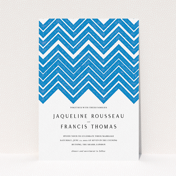 A personalised wedding invite design named "Skiapthos". It is an A5 invite in a portrait orientation. "Skiapthos" is available as a flat invite, with tones of blue and white.