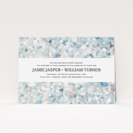 Personalised Wedding Invite Design - "Speckled Oils" A personalised wedding invite named "Speckled Oils". It is an A5 invite in a landscape orientation. "Speckled Oils" is available as a flat invite, with tones of light blue, light grey and white.