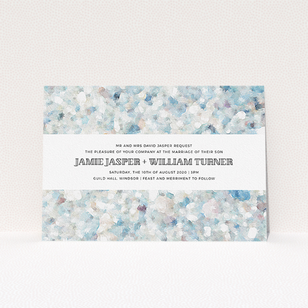A personalised wedding invite named "Speckled Oils". It is an A5 invite in a landscape orientation. "Speckled Oils" is available as a flat invite, with tones of light blue, light grey and white.