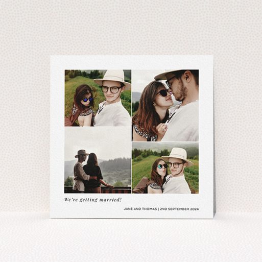 Personalised Wedding Invite Design - "Stacked Photos" A personalised wedding invite design titled "Stacked Photos". It is a square (148mm x 148mm) invite in a square orientation. It is a photographic personalised wedding invite with room for 4 photos. "Stacked Photos" is available as a flat invite, with mainly white colouring.