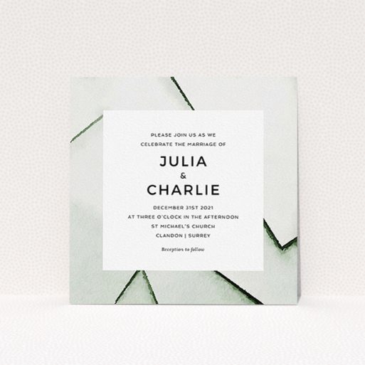 Personalised Wedding Invite Design - "Stacked" A personalised wedding invite design titled "Stacked". It is a square (148mm x 148mm) invite in a square orientation. "Stacked" is available as a flat invite, with tones of black and white.