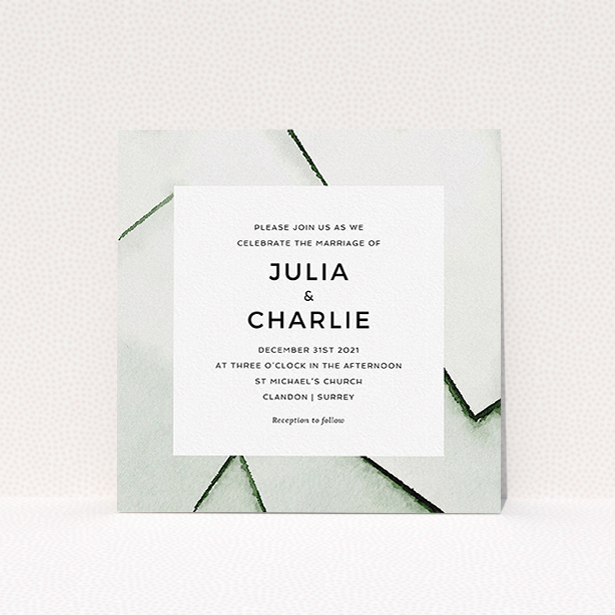 A personalised wedding invite design titled "Stacked". It is a square (148mm x 148mm) invite in a square orientation. "Stacked" is available as a flat invite, with tones of black and white.