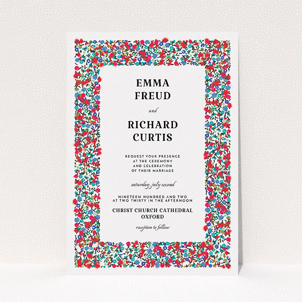 A personalised wedding invite called "Summer from a distance". It is an A5 invite in a portrait orientation. "Summer from a distance" is available as a flat invite, with tones of white and red.