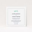 A personalised wedding invite named "Tandem sheet". It is a square (148mm x 148mm) invite in a square orientation. "Tandem sheet" is available as a flat invite, with tones of white and green.