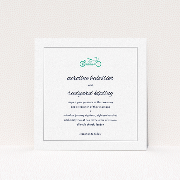 A personalised wedding invite named "Tandem sheet". It is a square (148mm x 148mm) invite in a square orientation. "Tandem sheet" is available as a flat invite, with tones of white and green.