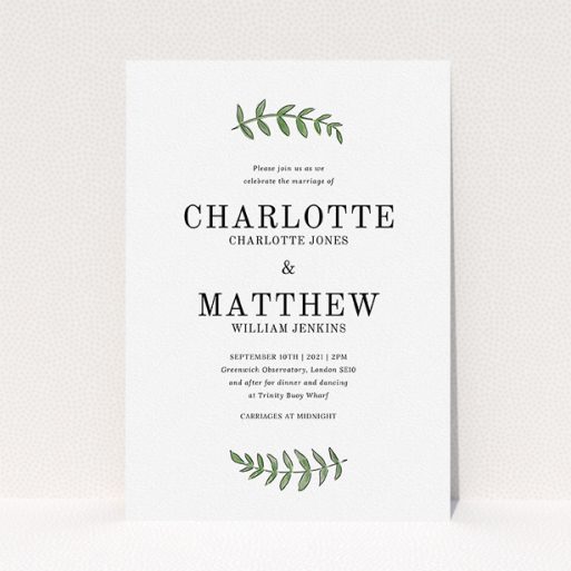 Personalised Wedding Invite Design - "Top and Bottom" A personalised wedding invite template titled "Top and Bottom". It is an A5 invite in a portrait orientation. "Top and Bottom" is available as a flat invite, with tones of white and green.
