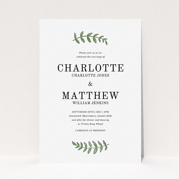 A personalised wedding invite template titled "Top and Bottom". It is an A5 invite in a portrait orientation. "Top and Bottom" is available as a flat invite, with tones of white and green.