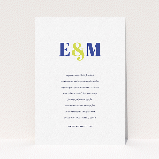 A personalised wedding invite design titled "Top line". It is an A5 invite in a portrait orientation. "Top line" is available as a flat invite, with tones of white and blue.