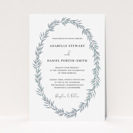 Personalised Wedding Invite Design - "Tussled Wreath" A personalised wedding invite named "Tussled Wreath". It is an A5 invite in a portrait orientation. "Tussled Wreath" is available as a flat invite, with tones of blue and white.