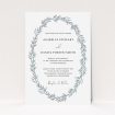 A personalised wedding invite named "Tussled Wreath". It is an A5 invite in a portrait orientation. "Tussled Wreath" is available as a flat invite, with tones of blue and white.