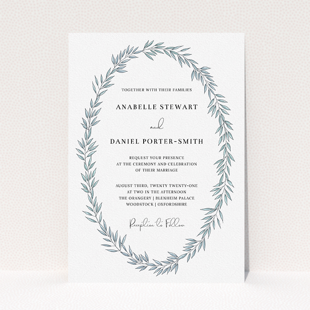 A personalised wedding invite named "Tussled Wreath". It is an A5 invite in a portrait orientation. "Tussled Wreath" is available as a flat invite, with tones of blue and white.