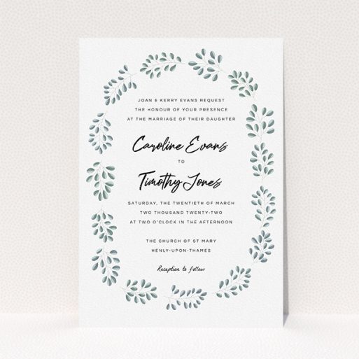 Personalised Wedding Invite Design - "Two-toned Leaves" A personalised wedding invite called "Two-toned Leaves". It is an A5 invite in a portrait orientation. "Two-toned Leaves" is available as a flat invite, with tones of blue and white.