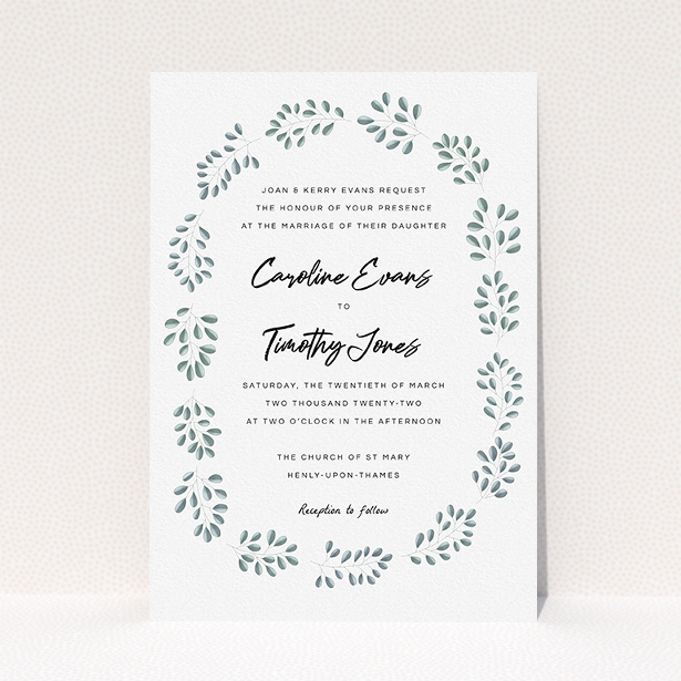 A personalised wedding invite called "Two-toned Leaves". It is an A5 invite in a portrait orientation. "Two-toned Leaves" is available as a flat invite, with tones of blue and white.