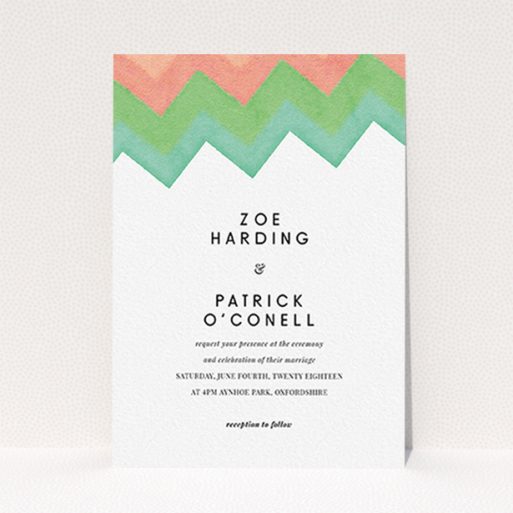 Personalised Wedding Invite Design - "Vibrant Peaks" A personalised wedding invite named "Vibrant Peaks". It is an A6 invite in a portrait orientation. "Vibrant Peaks" is available as a flat invite, with tones of white, orange and green.