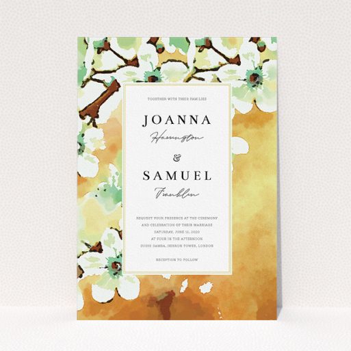 Personalised Wedding Invite Design - "Vintage Blossom" A personalised wedding invite design titled "Vintage Blossom". It is an A5 invite in a portrait orientation. "Vintage Blossom" is available as a flat invite, with tones of deep orange, mint green and white.