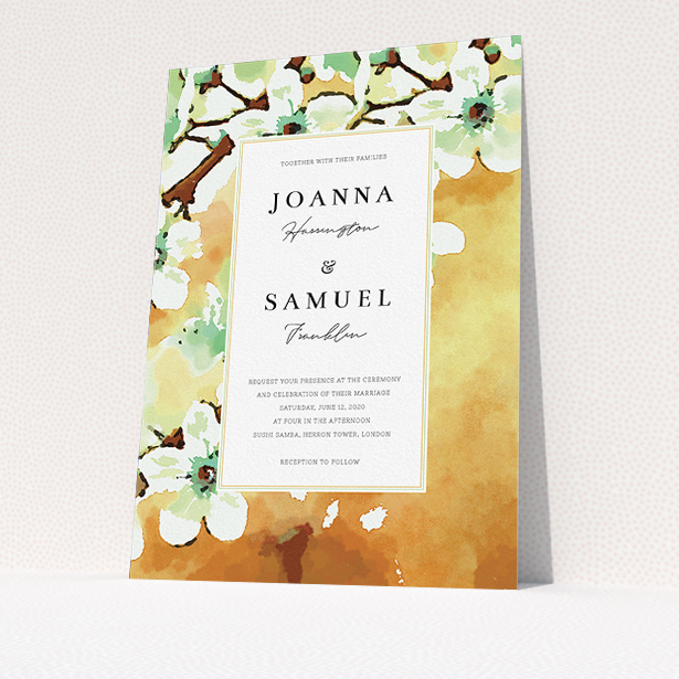 A personalised wedding invite design titled "Vintage Blossom". It is an A5 invite in a portrait orientation. "Vintage Blossom" is available as a flat invite, with tones of deep orange, mint green and white.