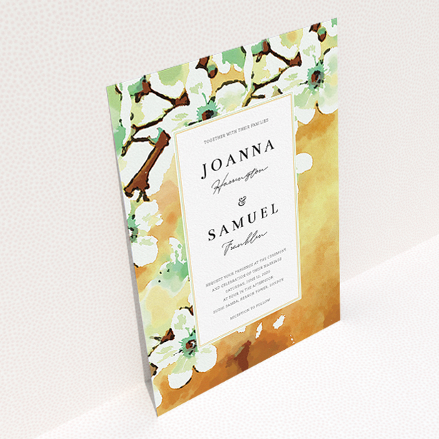 A personalised wedding invite design titled "Vintage Blossom". It is an A5 invite in a portrait orientation. "Vintage Blossom" is available as a flat invite, with tones of deep orange, mint green and white.