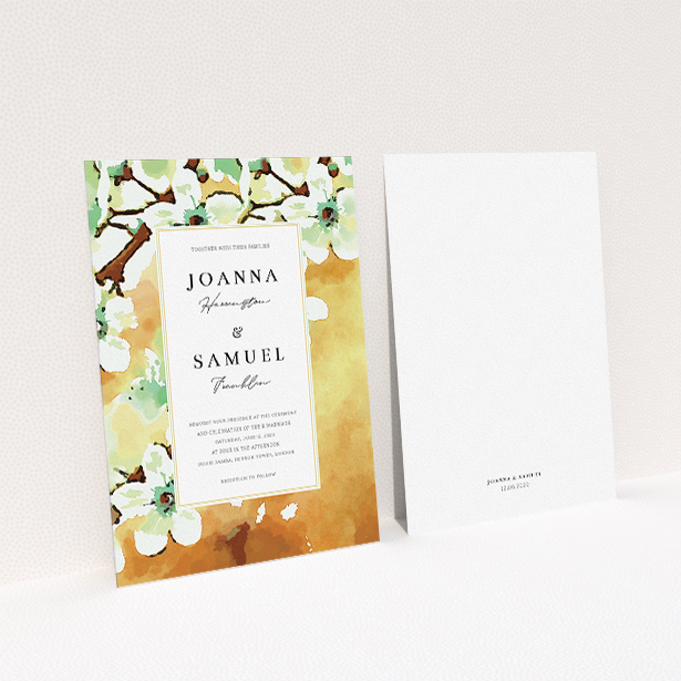 A personalised wedding invite design titled "Vintage Blossom". It is an A5 invite in a portrait orientation. "Vintage Blossom" is available as a flat invite, with tones of deep orange, mint green and white.