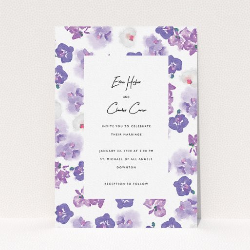 Personalised Wedding Invite Design - "Violet Explosion" A personalised wedding invite template titled "Violet Explosion". It is an A5 invite in a portrait orientation. "Violet Explosion" is available as a flat invite, with tones of white, purple and violet.