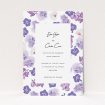 A personalised wedding invite template titled "Violet Explosion". It is an A5 invite in a portrait orientation. "Violet Explosion" is available as a flat invite, with tones of white, purple and violet.