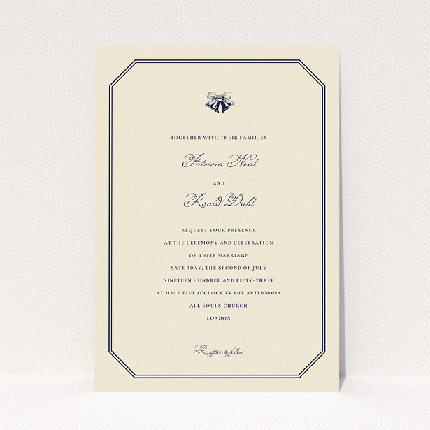 A personalised wedding invite called "Wedding bells". It is an A5 invite in a portrait orientation. "Wedding bells" is available as a flat invite, with tones of cream and navy blue.