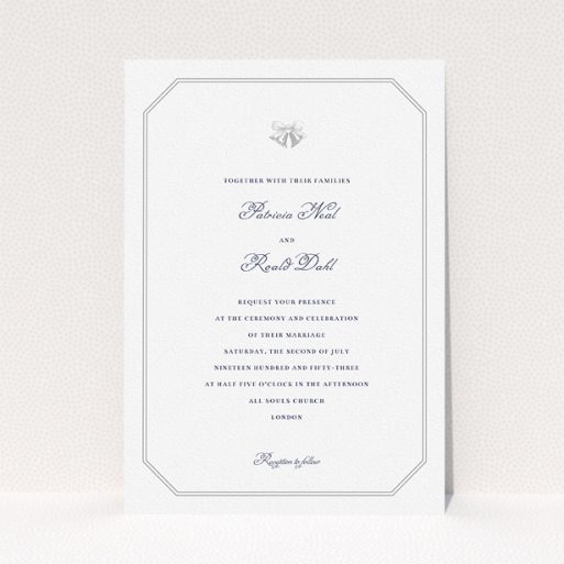 Wedding Invitation Card - Wedding Bells (Grey) A personalised wedding invite design titled "Wedding bells". It is an A5 invite in a portrait orientation. "Wedding bells" is available as a flat invite, with tones of grey and white.