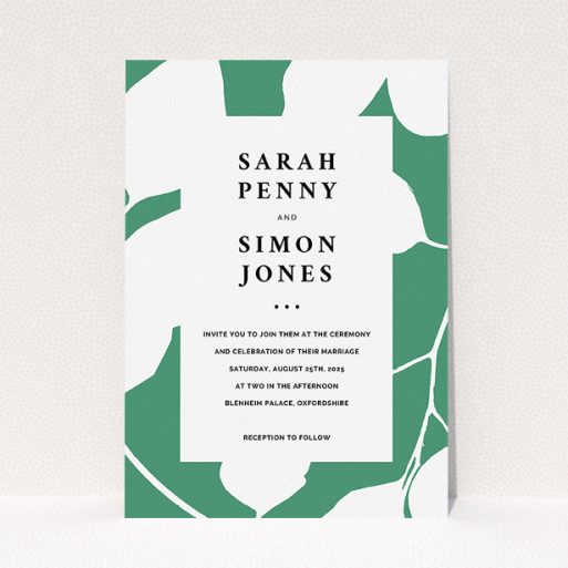 Personalised Wedding Invite Design - "White on Green" A personalised wedding invite design titled "White on Green". It is an A5 invite in a portrait orientation. "White on Green" is available as a flat invite, with tones of green and white.