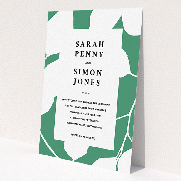 A personalised wedding invite design titled "White on Green". It is an A5 invite in a portrait orientation. "White on Green" is available as a flat invite, with tones of green and white.