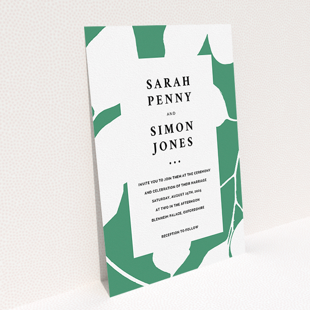 A personalised wedding invite design titled "White on Green". It is an A5 invite in a portrait orientation. "White on Green" is available as a flat invite, with tones of green and white.