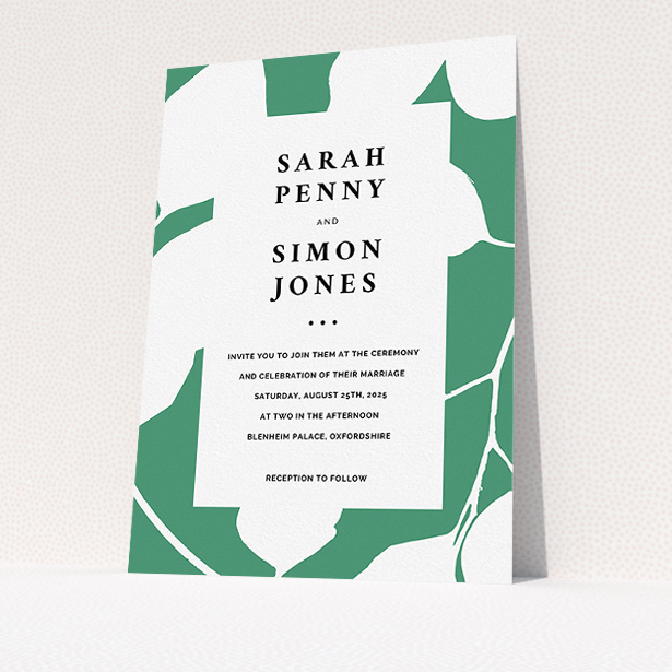 A personalised wedding invite design titled "White on Green". It is an A5 invite in a portrait orientation. "White on Green" is available as a flat invite, with tones of green and white.