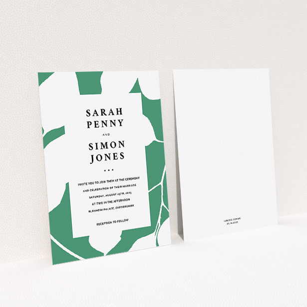A personalised wedding invite design titled "White on Green". It is an A5 invite in a portrait orientation. "White on Green" is available as a flat invite, with tones of green and white.