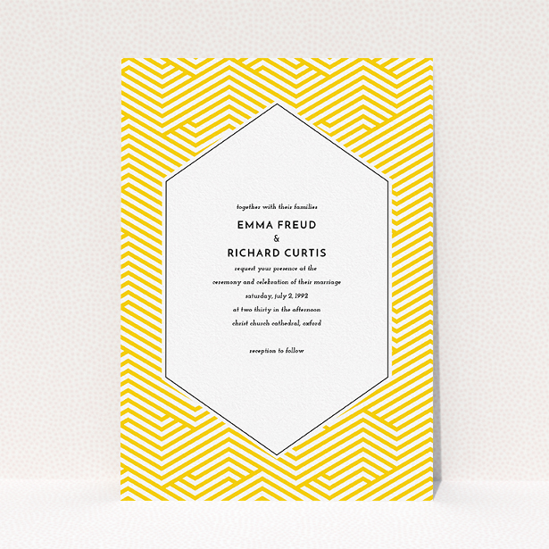 A personalised wedding invite design named "Yellow lines". It is an A5 invite in a portrait orientation. "Yellow lines" is available as a flat invite, with tones of yellow and white.