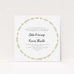 A personalised wedding invite design called "Yellow wreath". It is a square (148mm x 148mm) invite in a square orientation. "Yellow wreath" is available as a flat invite, with tones of white and yellow.