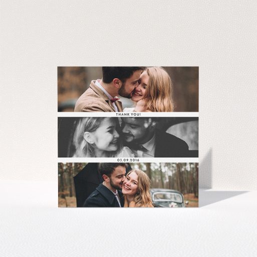 Photo Wedding Thank You Card Design - "1,2,3" A photo wedding thank you card design called "1,2,3". It is a square (148mm x 148mm) card in a square orientation. It is a photographic photo wedding thank you card with room for 3 photos. "1,2,3" is available as a folded card, with mainly white colouring.