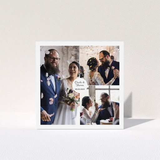 Photo Wedding Thank You Card Design - "3 Photo Put Together" A photo wedding thank you card design called "3 Photo Put Together". It is a square (148mm x 148mm) card in a square orientation. It is a photographic photo wedding thank you card with room for 3 photos. "3 Photo Put Together" is available as a folded card, with mainly white colouring.