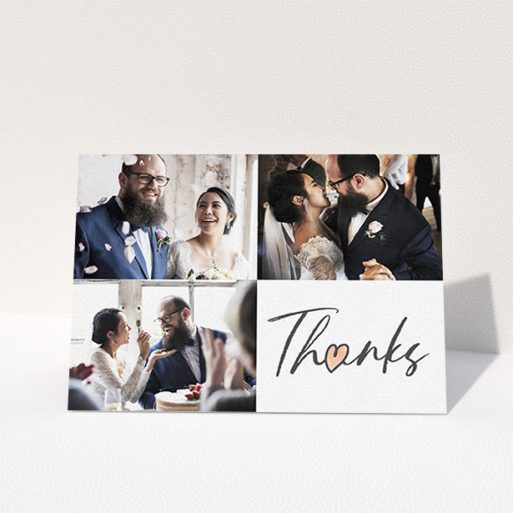 Photo Wedding Thank You Card Design - "3 Photos and Thanks" A photo wedding thank you card design titled "3 Photos and Thanks". It is an A6 card in a landscape orientation. It is a photographic photo wedding thank you card with room for 3 photos. "3 Photos and Thanks" is available as a folded card, with tones of black and white.