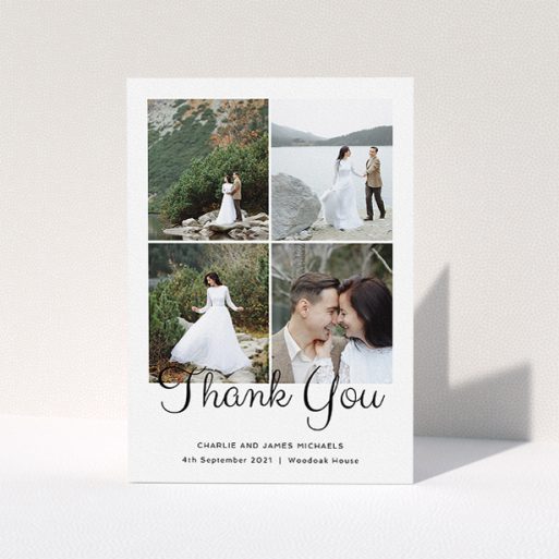 Photo Wedding Thank You Card Design - "4 Photos Arranged" A photo wedding thank you card template titled "4 Photos Arranged". It is an A5 card in a portrait orientation. It is a photographic photo wedding thank you card with room for 4 photos. "4 Photos Arranged" is available as a folded card, with mainly white colouring.